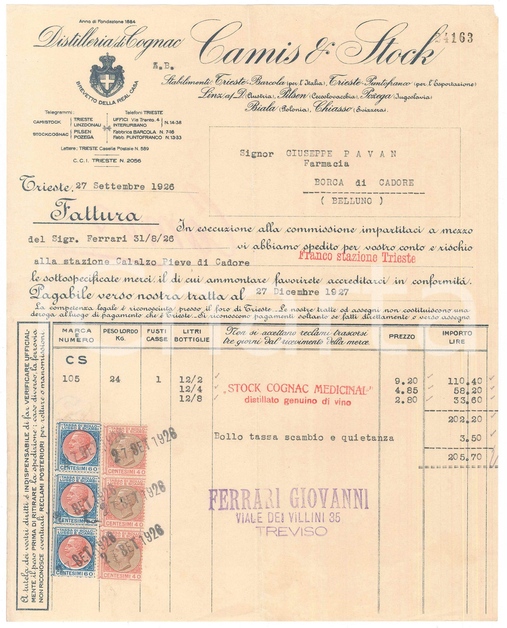 Documento originale, autentico 1926 TRIESTE BARCOLA  CAMIS & STOCK Cognac Fattura commerciale 1