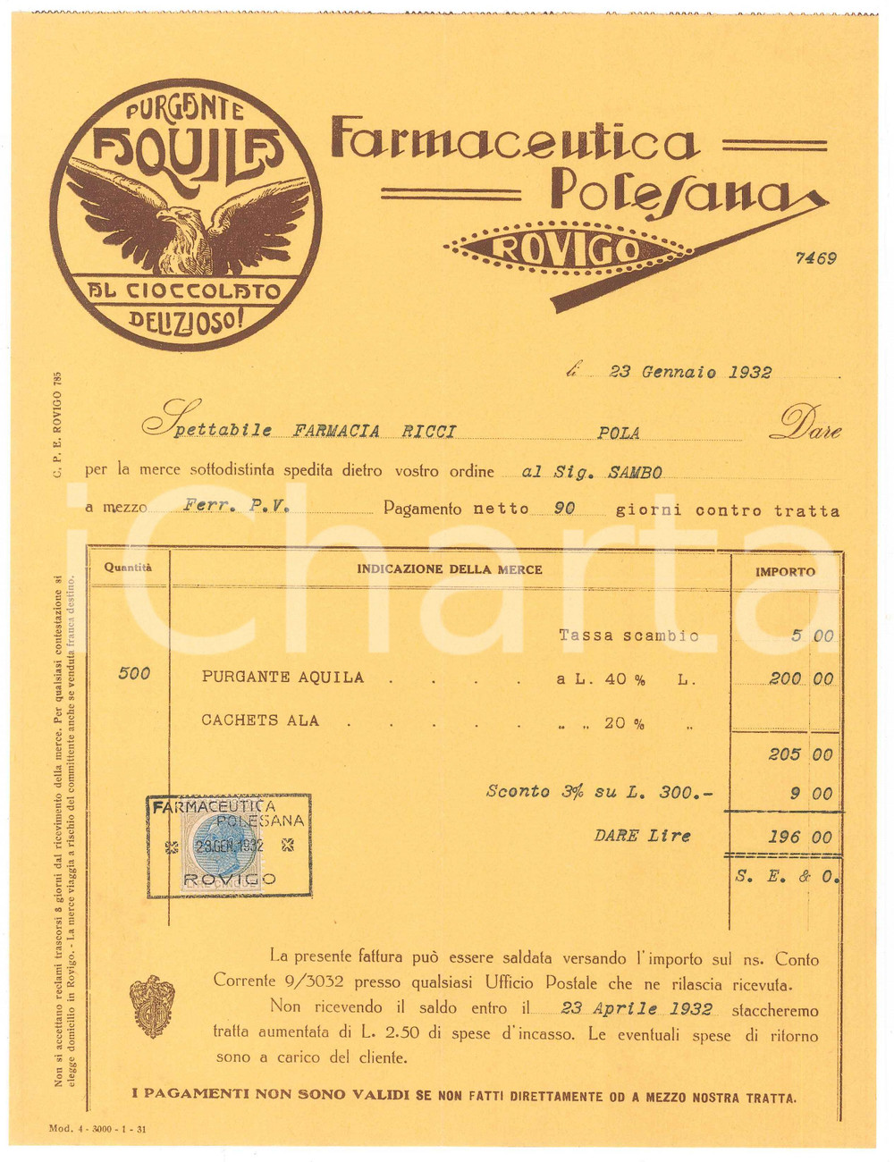 Documento originale, autentico 1932 ROVIGO Farmaceutica Polesana  Fattura PURGANTE AQUILA 1