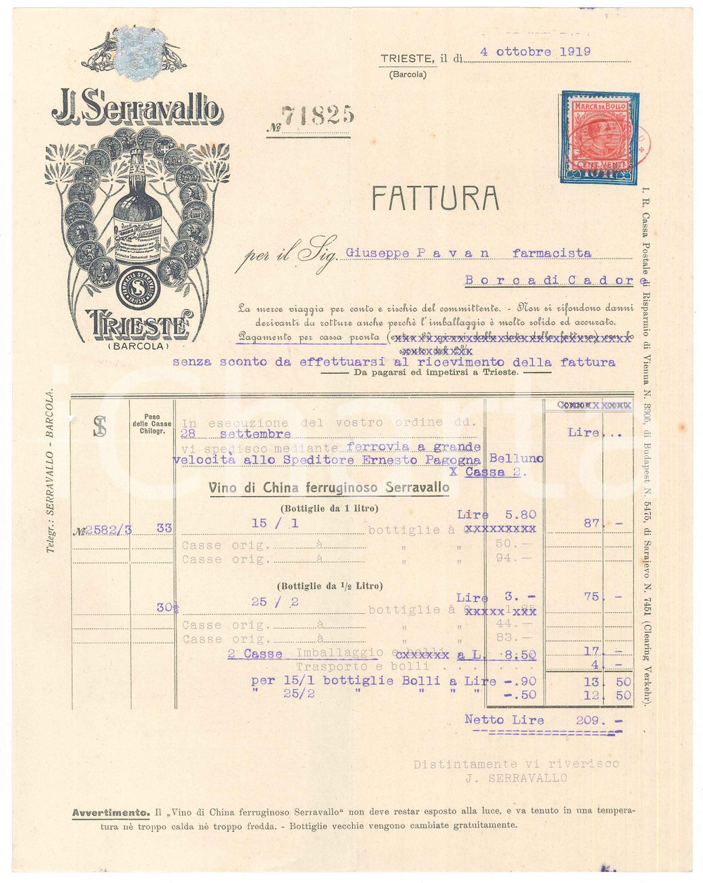 Documento originale, autentico 1919 TRIESTE BARCOLA Ditta J. SERRAVALLO Fattura ILLUSTRATA vino 1