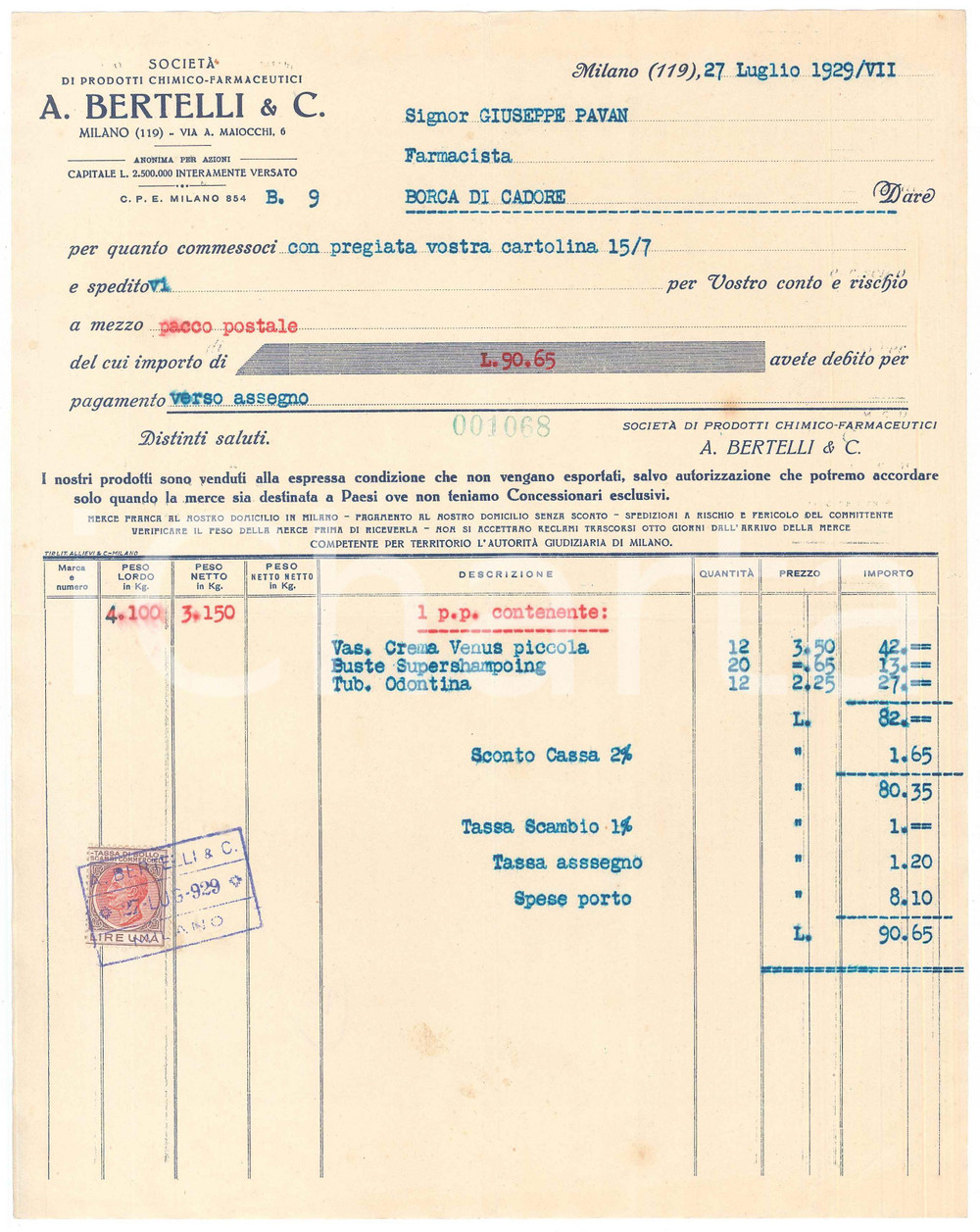 Documento originale, autentico 1929 MILANO Via Maiocchi  A. BERTELLI Farmaceutica Fattura commerciale 1