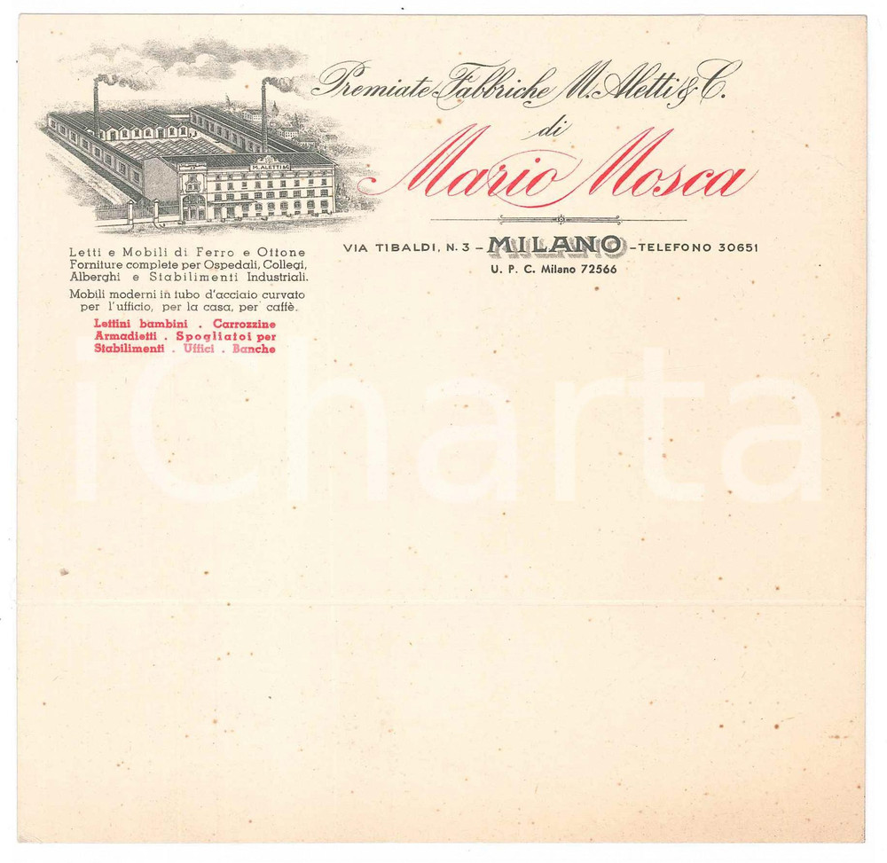 Materiale pubblicitario d’epoca 1930 ca MILANO via Tibaldi  Fabbriche M. Aletti MARIO MOSCA  Letti Cartoncino 1
