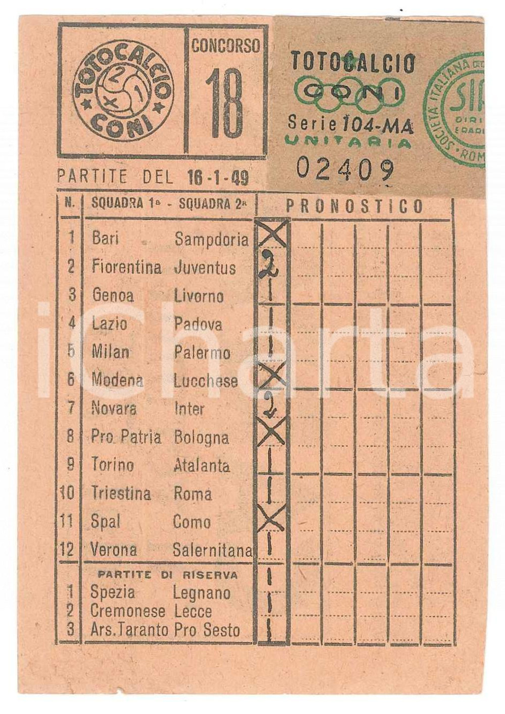 1949 CONI Schedina giocata TOTOCALCIO Concorso 18 unitaria - 7x11 cm Schedina d'epoca, giocata per il concorso 18; scheda unitaria. CONDIZIONI:FAIR/discreto Lievi gualcitureFORMATO: 7x11 cm originale e autentica 1