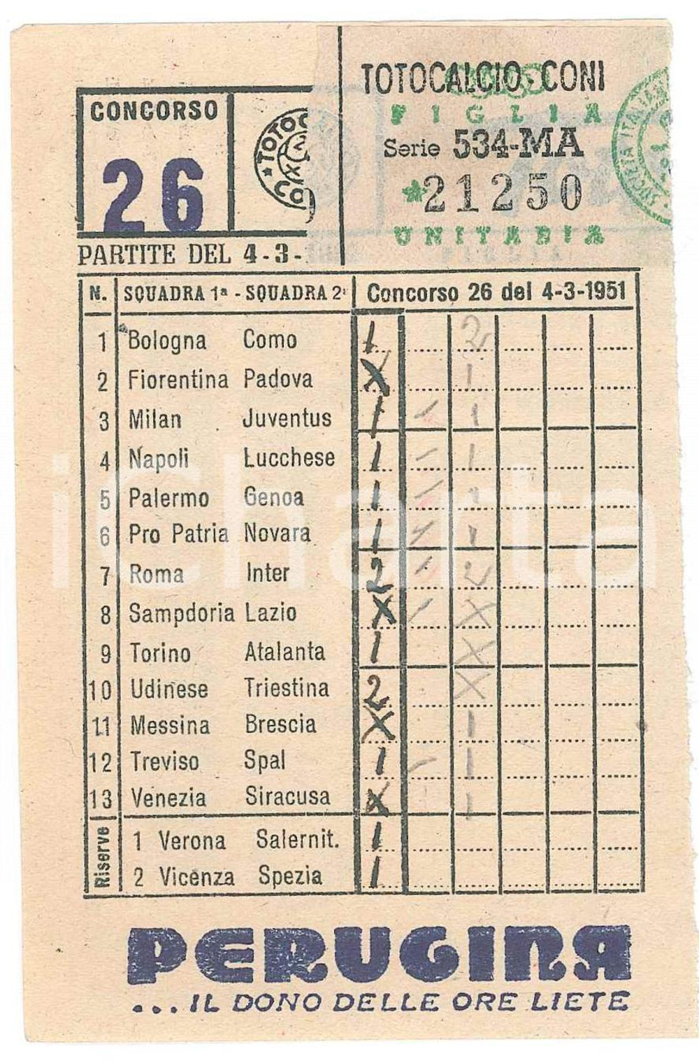 Materiale pubblicitario d’epoca 1951 CONI Schedina giocata TOTOCALCIO Concorso 26 figlia unitaria PERUGINA 2 1