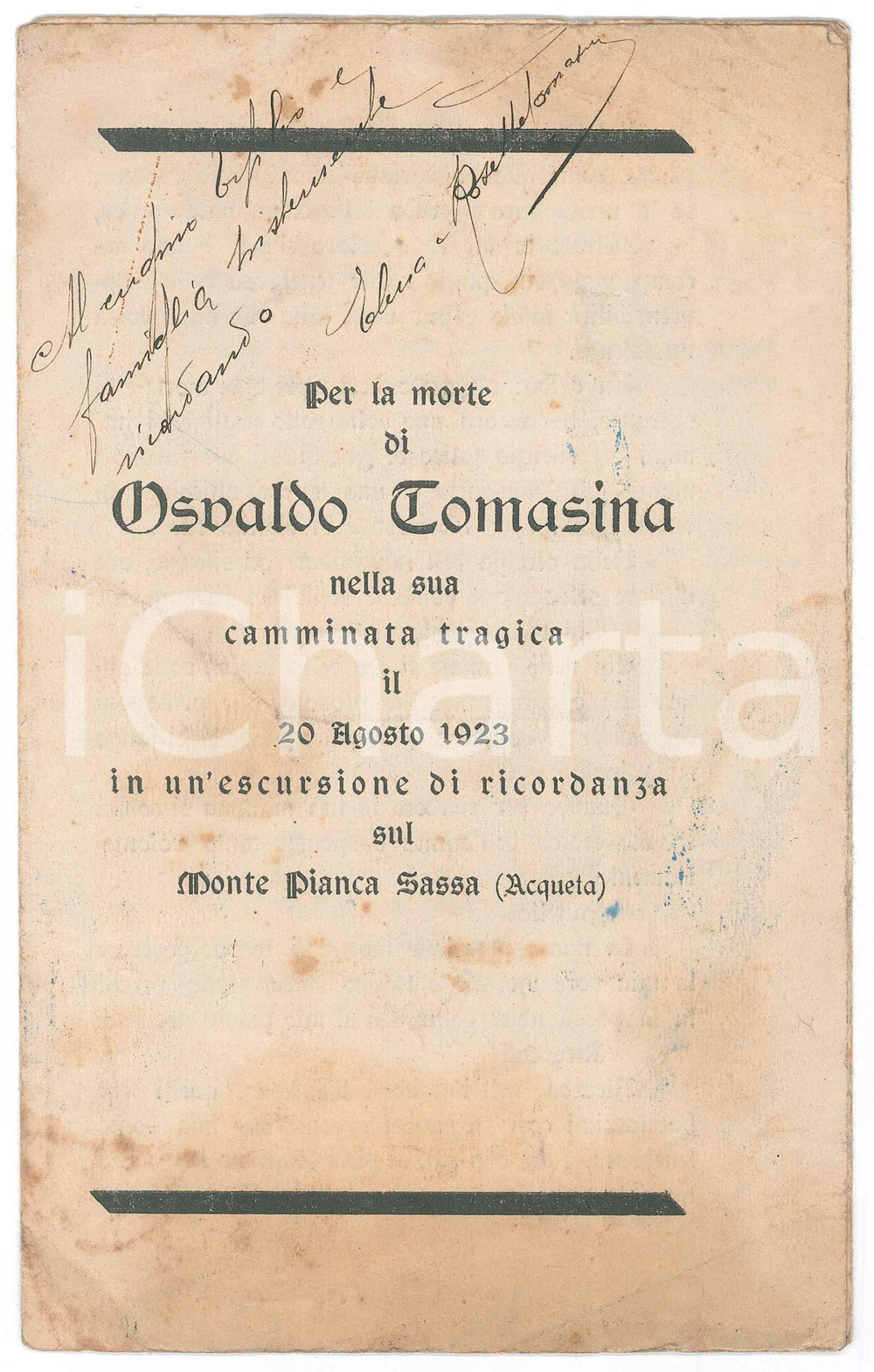 Libro, pubblicazione d epoca 1923 Pier Angelo BASORINI In morte di Osvaldo TOMASINA sul Monte Pianca Sassa 1