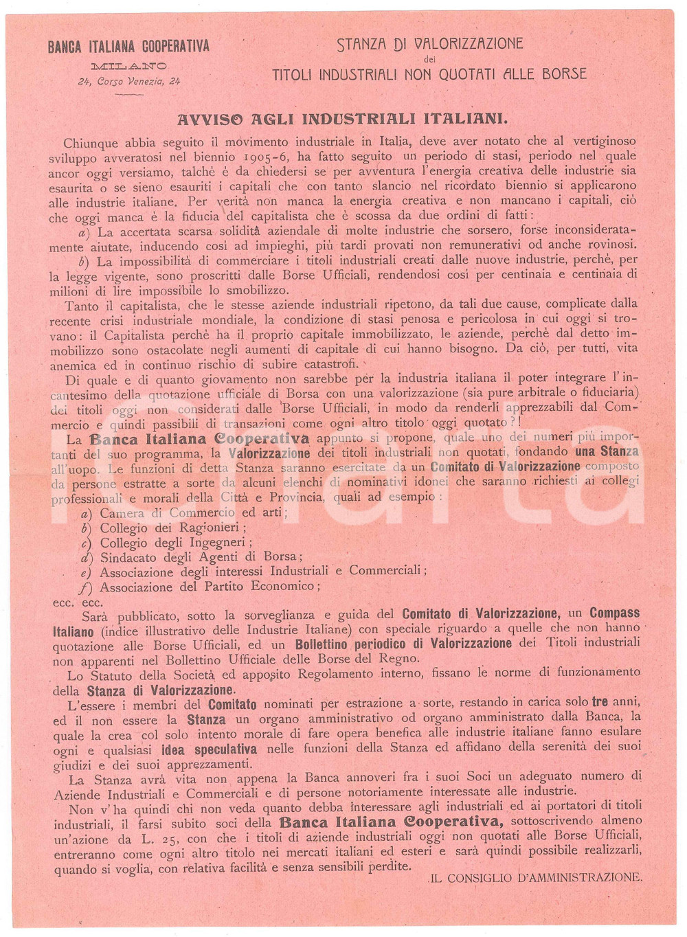 Documento originale, autentico 1910 ca MILANO  Banca Italiana Cooperativa  Stanza valorizzazione titoli 1