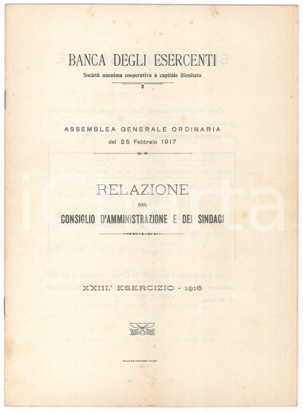 Documento originale, autentico 1917 MILANO  BANCA DEGLI ESERCENTI  Relazione consiglio d amministrazione 1