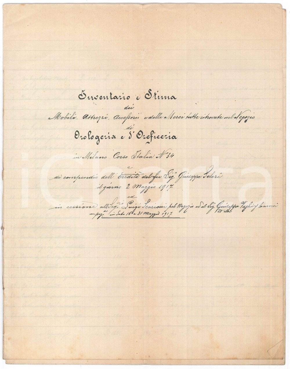 Documento originale, autentico 1917 MILANO EreditÃ  Giuseppe SELERI orologeria e oreficeria  Inventario 1