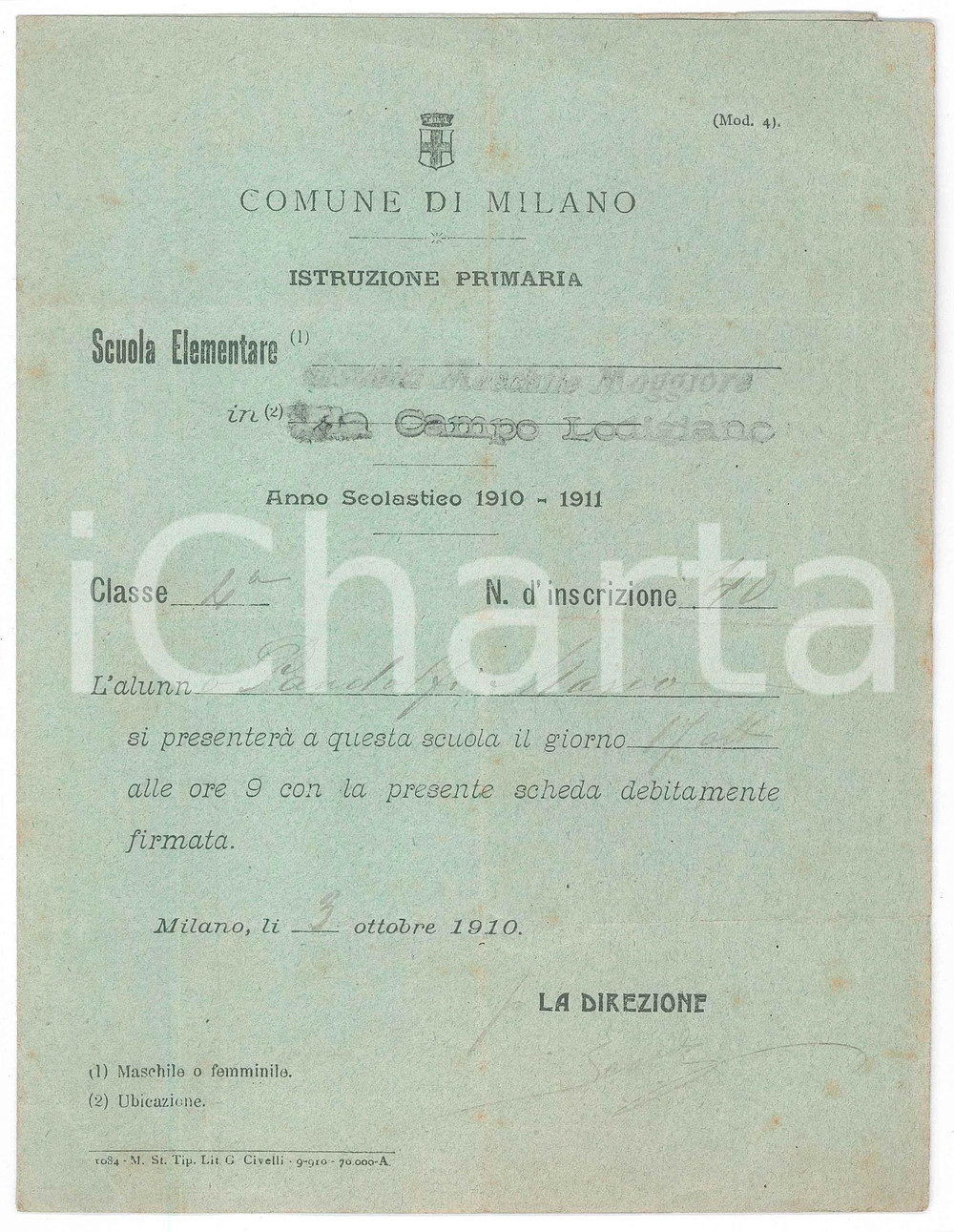 Documento originale, autentico 1910 MILANO Scuola Elementare via Campo Lodigiano  Scheda Mario PANDOLFI 1