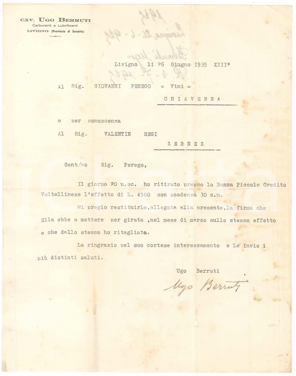 Documento originale, autentico 1935 LIVIGNO Cav. Ugo BERRUTI Carburanti e Lubrificanti  Lettera per ricevuta 1