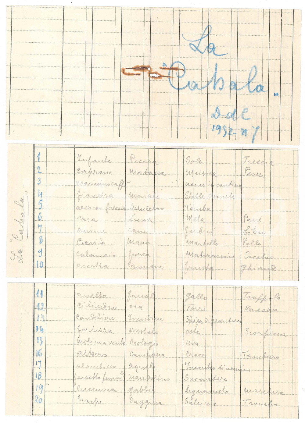 Documento originale, autentico 1952 LA CABALA  Numeri lotto Sogni  Schede manoscritte CURIOSO 1