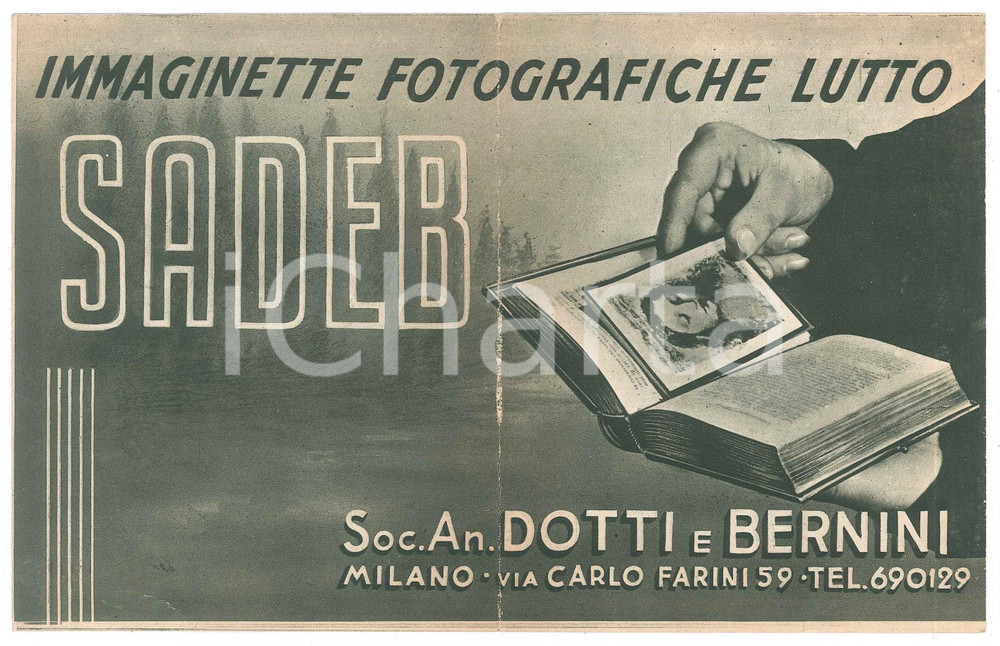 Materiale pubblicitario d’epoca 1935 ca MILANO via Farini  DOTTI E BERNINI  Immaginette lutto SADEB Pieghevole 1