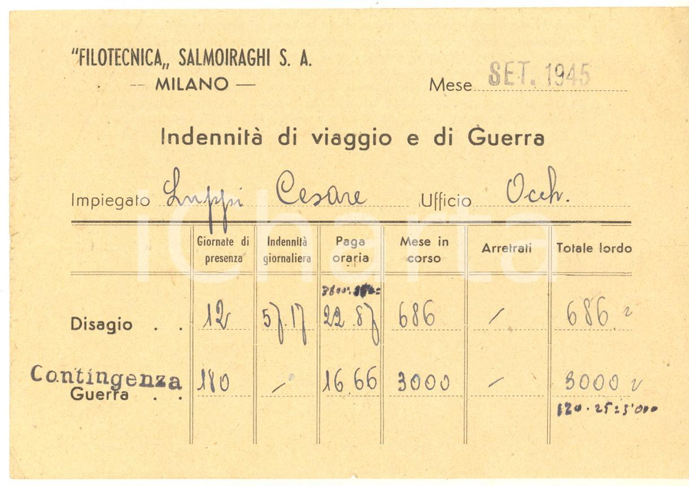Documento originale, autentico Settembre 1945 MILANO Filotecnica SALMOIRAGHI  IndennitÃ  viaggio e guerra 1