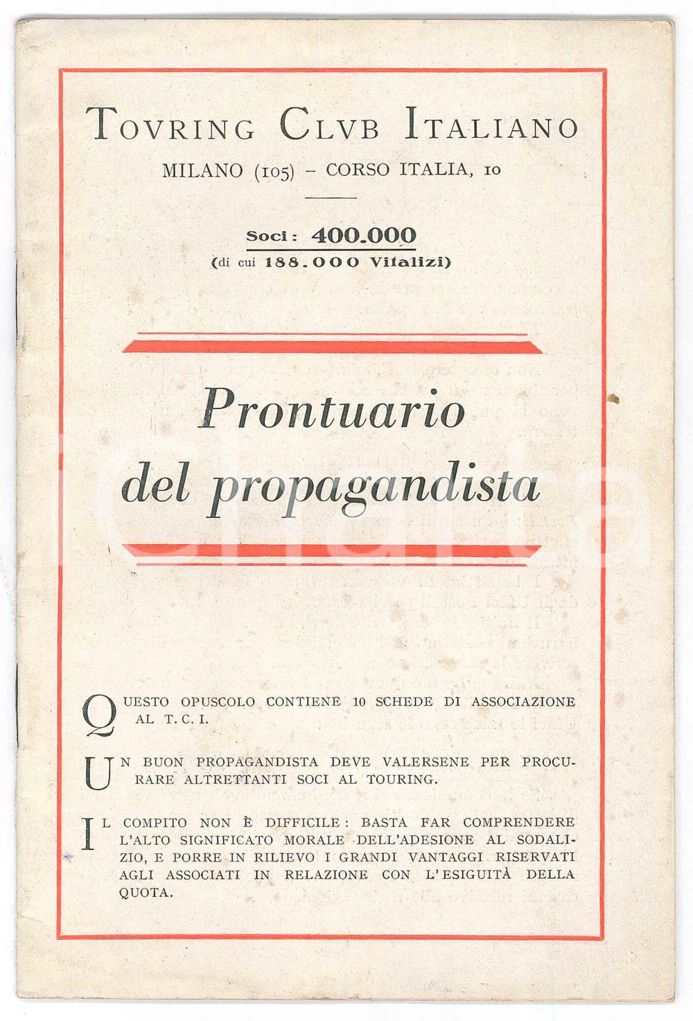 Libro, pubblicazione d epoca 1931 MILANO  TOURING CLUB ITALIANO Prontuario del propagandista 30 pp. 1