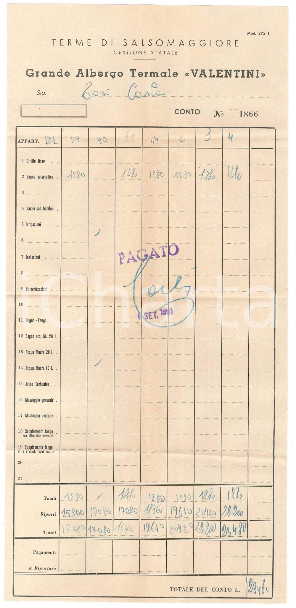 Documento originale, autentico 1961 SALSOMAGGIORE TERME Grande Albergo Termale VALENTINI  Conto 1