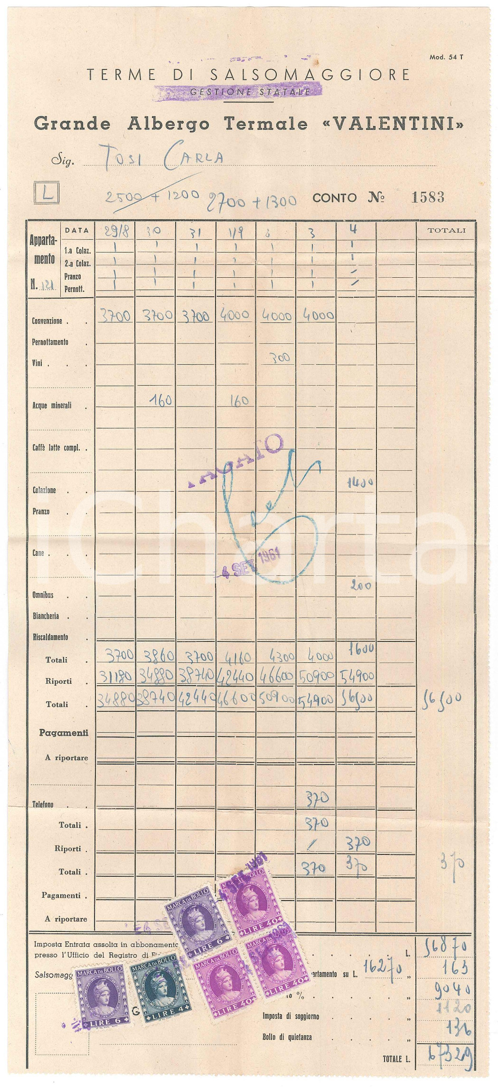 Documento originale, autentico 1961 SALSOMAGGIORE TERME Grande Albergo Termale VALENTINI Conto 1