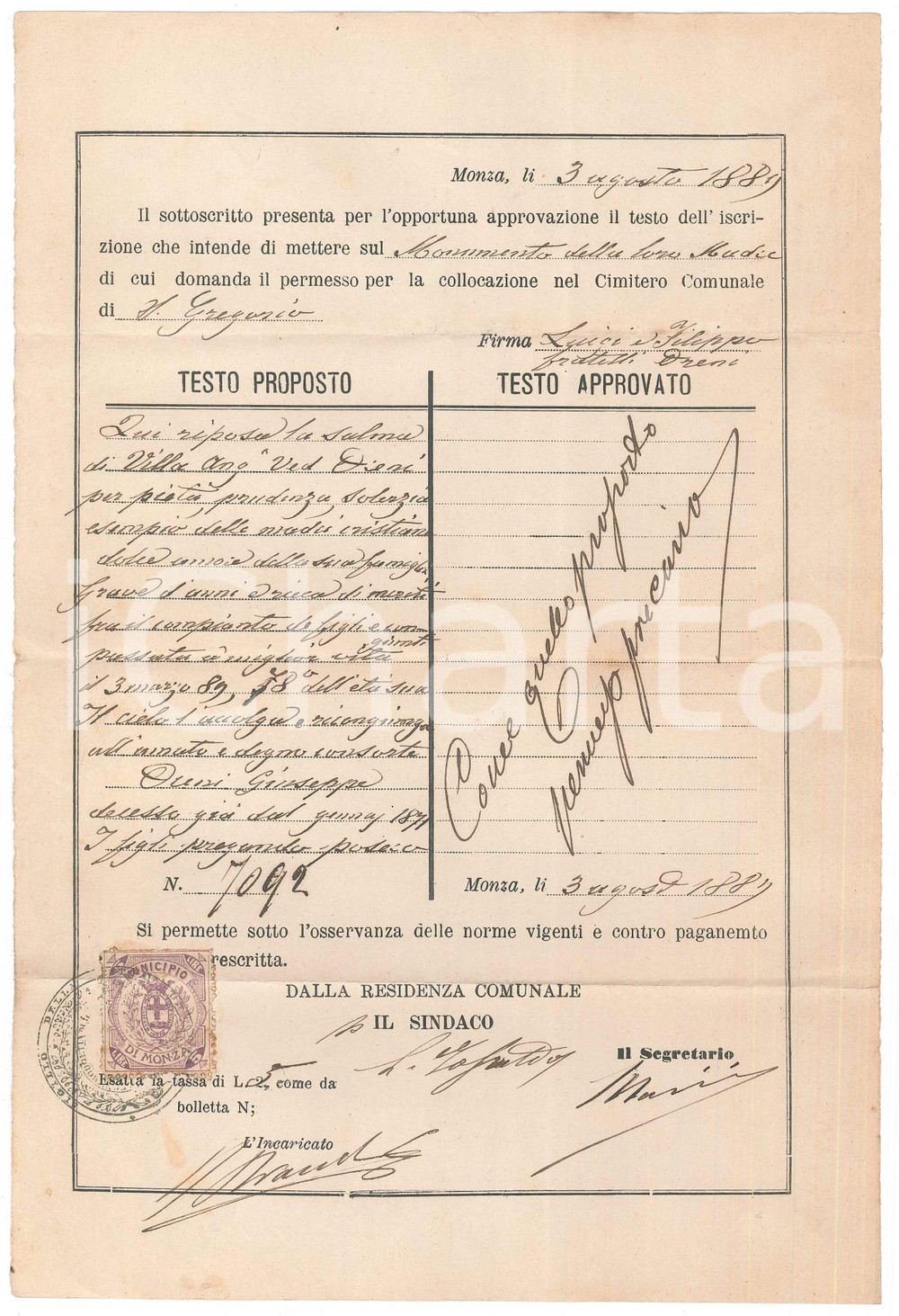 Documento originale, autentico 1889 MONZA Cimitero S. Gregorio  Testo per monumento ad Angela VILLA 1