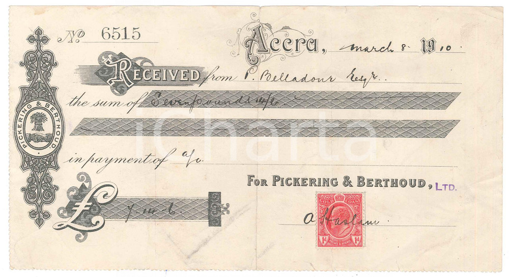 Oggetto da collezione cartaceo 1910 ACCRA GHANA Ditta PICKERING & BERTHOUD  Assegno pubblicitario 1