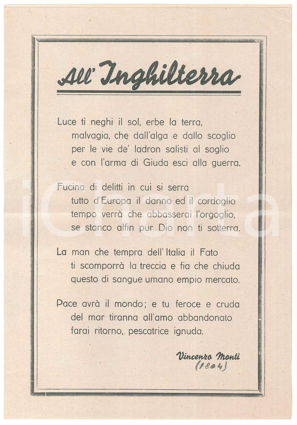 Materiale pubblicitario d’epoca 1940 ca WW2 Vincenzo MONTI All Inghilterra  Volantino PROPAGANDA antibritannica 1