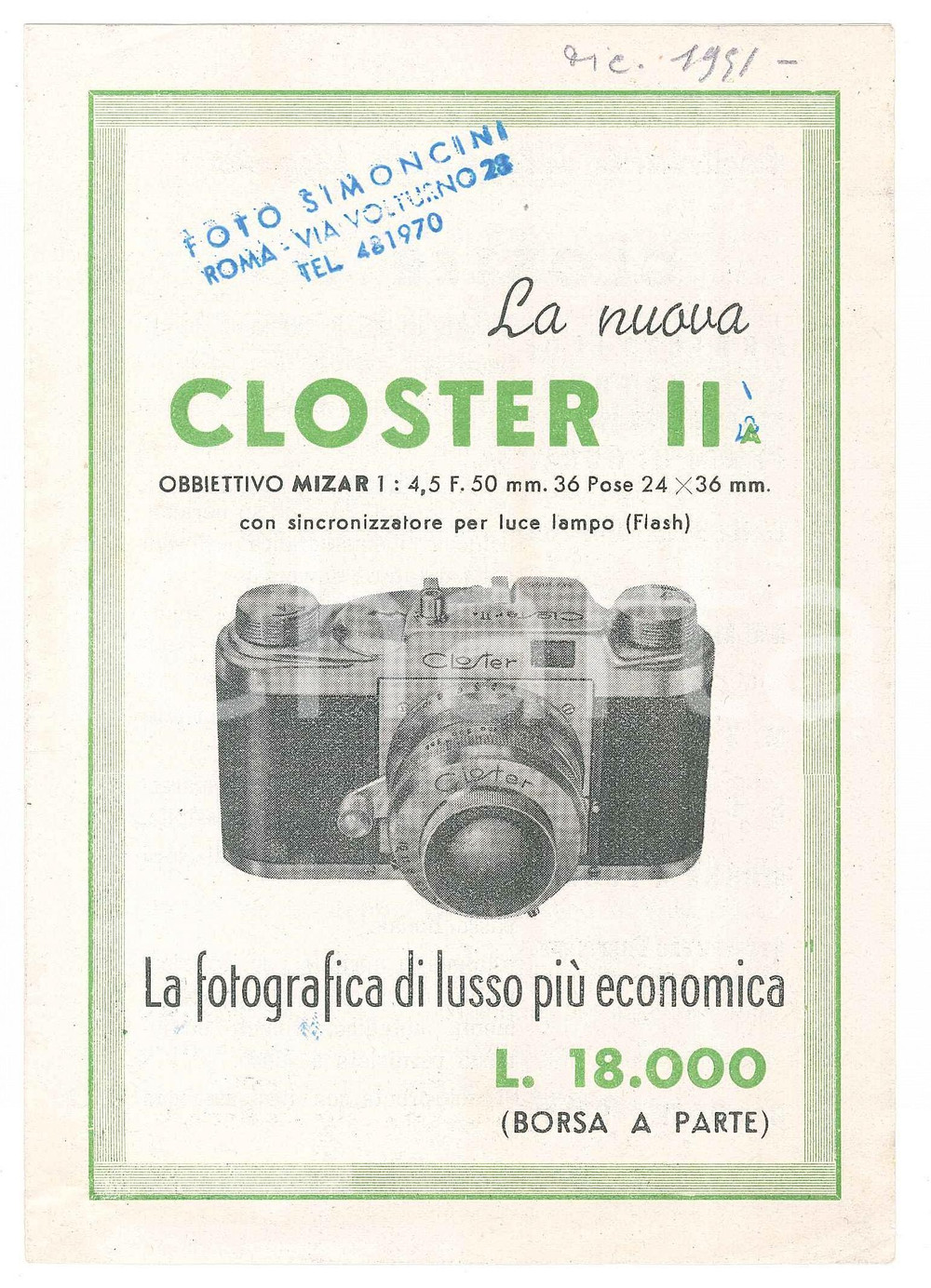 Materiale pubblicitario d’epoca 1951 ROMA Via Volturno FOTO SIMONCINI Closter IIa  Pieghevole pubblicitario 1