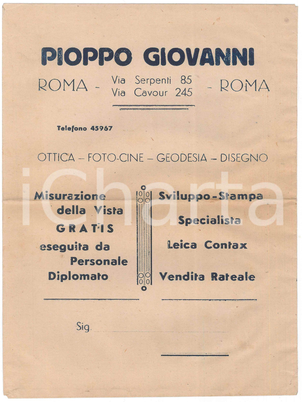Materiale pubblicitario d’epoca 1930 ca ROMA  PIOPPO Giovanni  Ottica fotocine Busta VUOTA pubblicitaria 1
