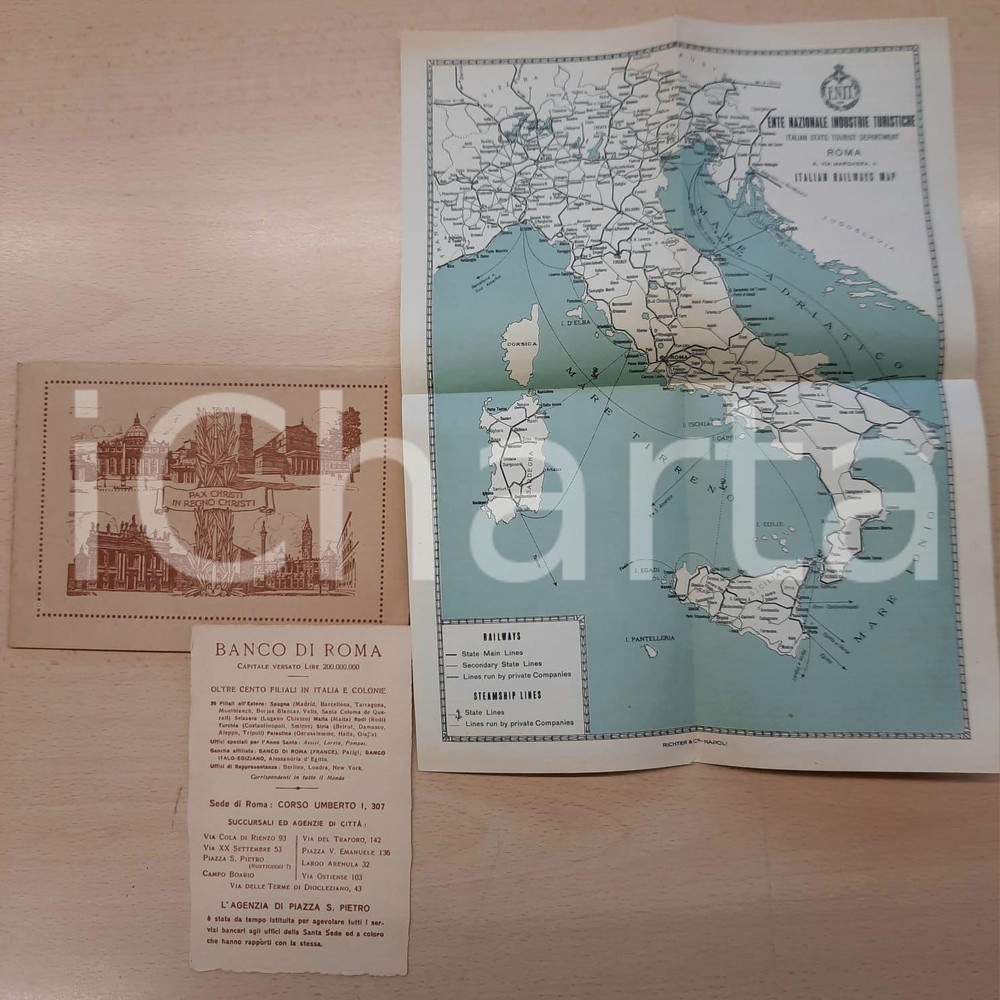 Materiale pubblicitario d’epoca 1910 ca TURISMO  ENIT  BANCO DI ROMA  Mappa rete ferroviaria 1