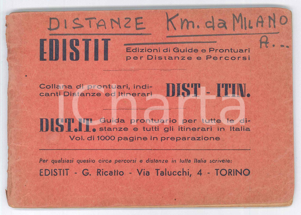Libro, pubblicazione d epoca 1961 Prontuario EDISIT  Distanze e itinerari da Milano  80 pp. 1