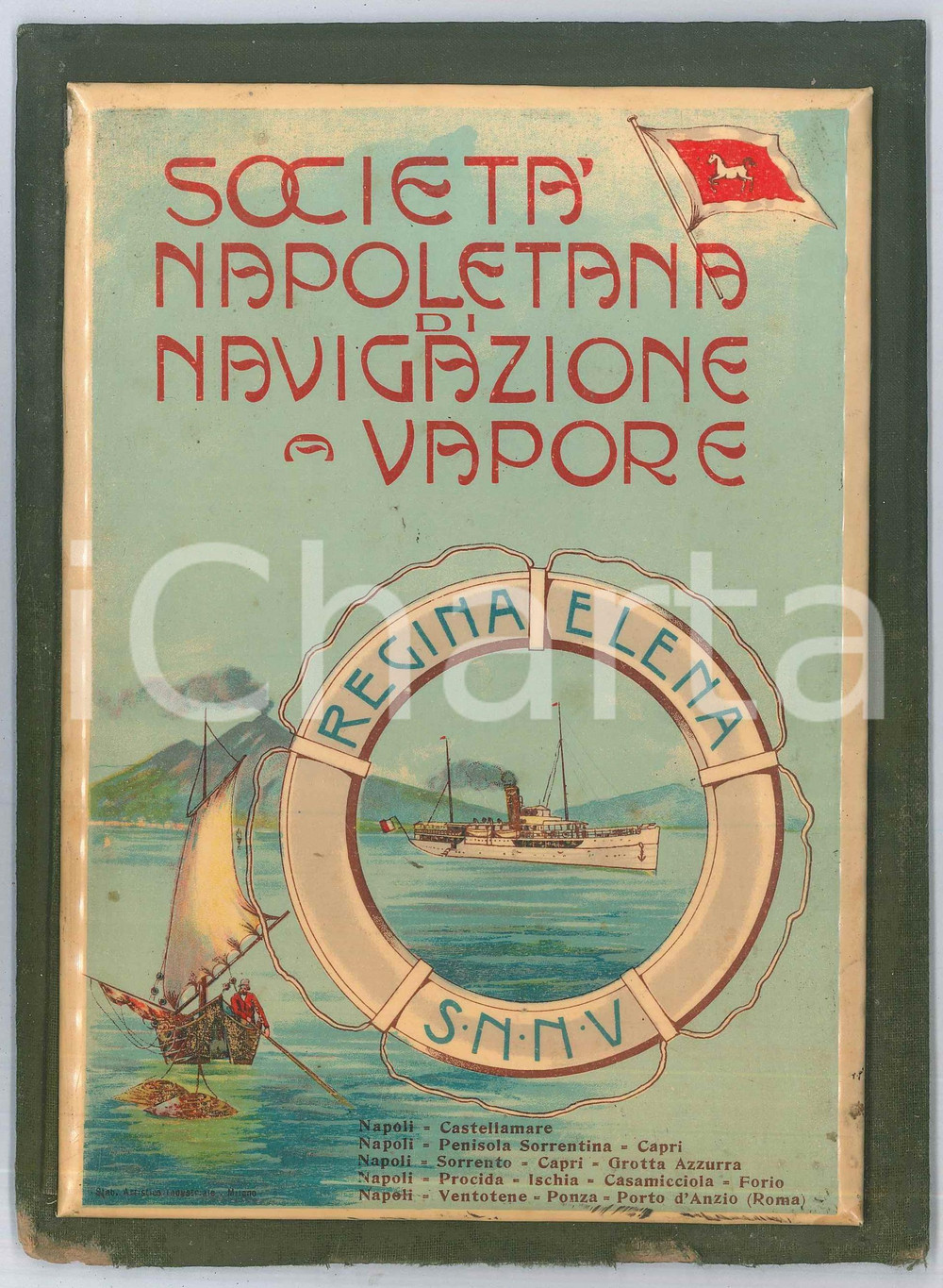 Materiale pubblicitario d’epoca 1920 ca SNNV NAPOLI  Nave Regina Elena  Targa pubblicitaria ILLUSTRATA 1