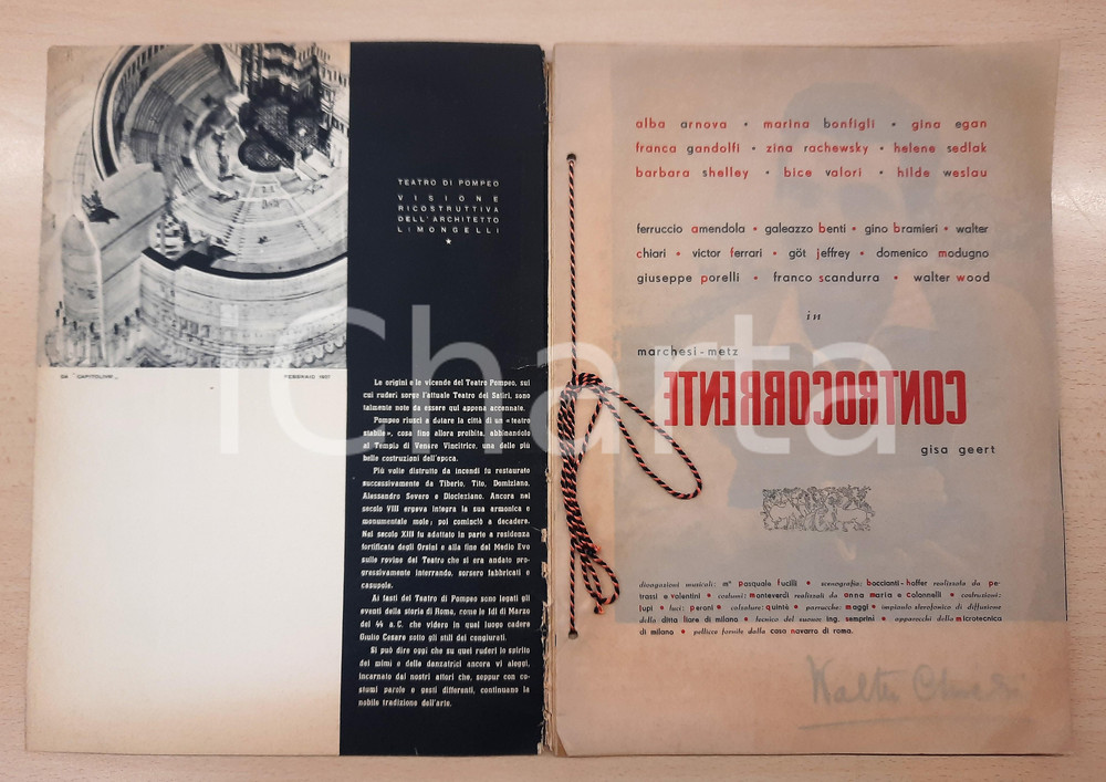 Materiale pubblicitario d’epoca 1953 TEATRO DEI SATIRI  Walter CHIARI  Controcorrente Pieghevole ILLUSTRATO 1