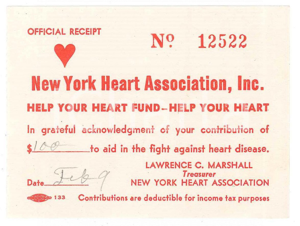 Oggetto da collezione cartaceo 1955 ca NEW YORK HEART ASSOCIATION Contribution of $ 100  Official receipt 9x7 1