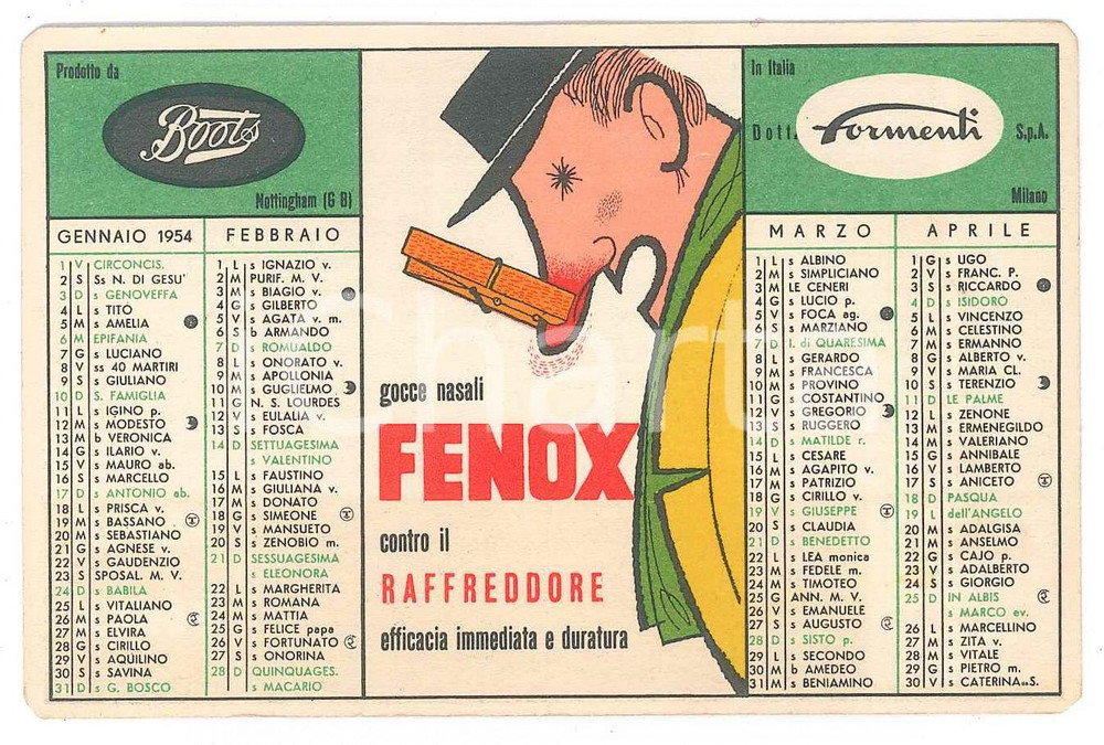 Oggetto da collezione cartaceo 1954 MILANO Dott. Formenti s.p.a.  Gocce nasali FENOX Calendario pubblicitario 1