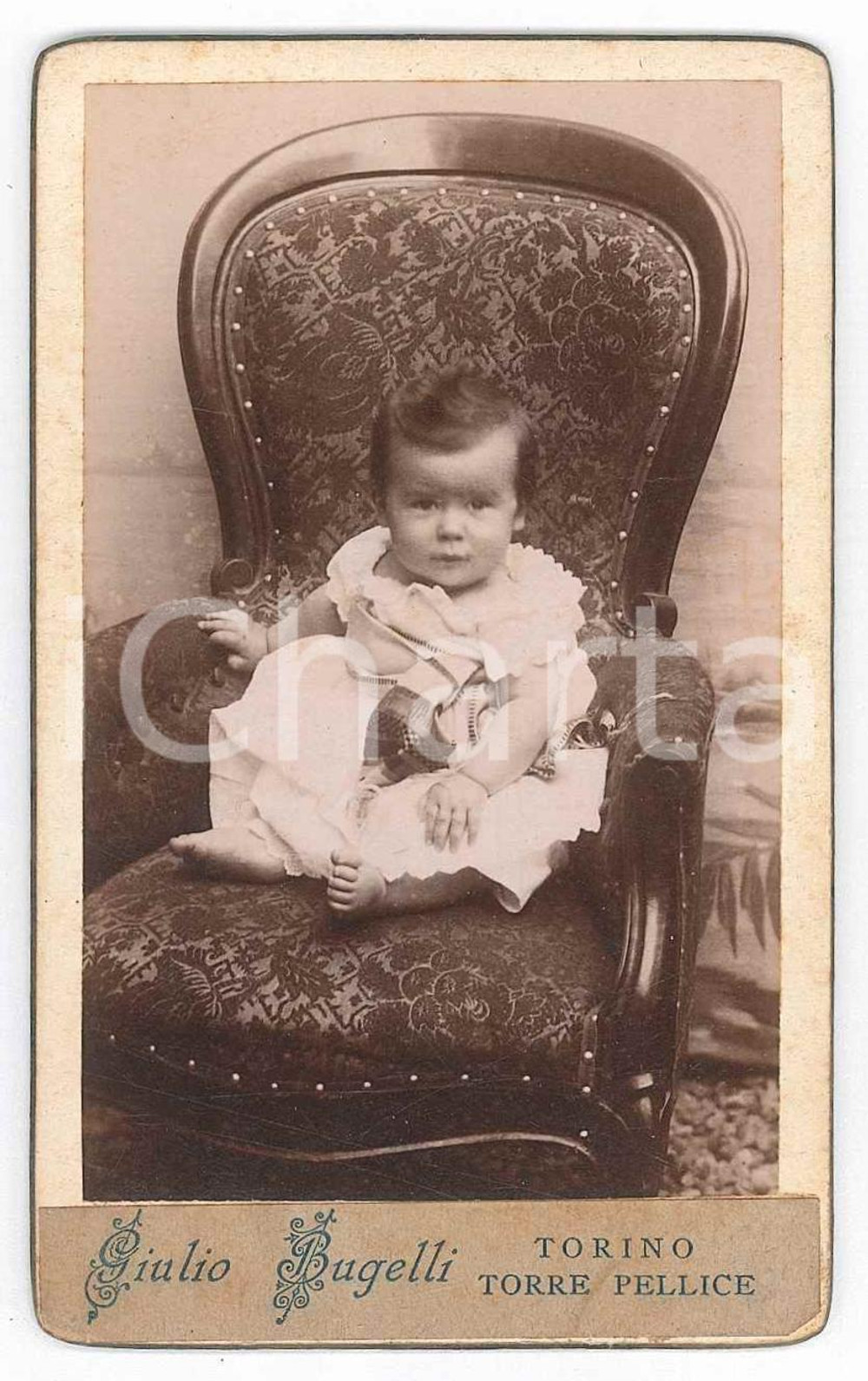 Fotografia d epoca originale 1896 TORRE PELLICE Ritratto di bambino in poltrona  Foto Giulio BUGELLI CDV 1