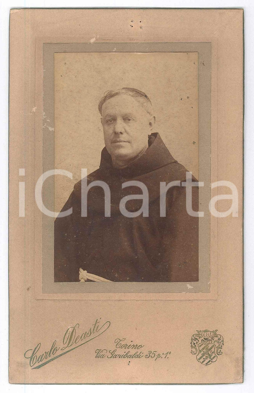 Fotografia d epoca originale 1890 ca TORINO Ritratto di frate cappuccino  Busto Foto Carlo DEASTI 10x16 cm 1
