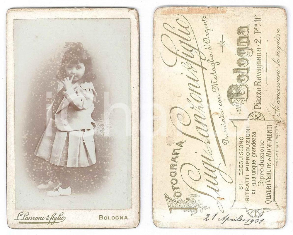Fotografia d epoca originale 1901 BOLOGNA  Ritratto di bambina in abito a pieghe  Foto LANZONI CDV 1