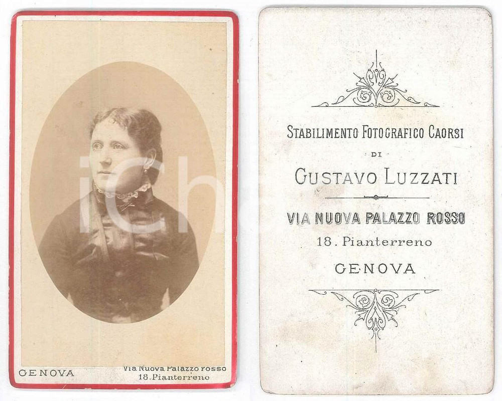 Fotografia d epoca originale 1890 ca GENOVA Ritratto di donna in abito scuro Foto Gustavo LUZZATI CDV 1