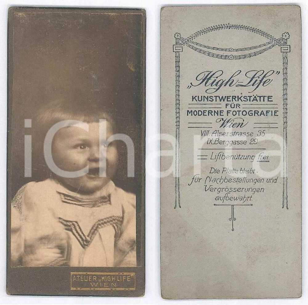 Fotografia d epoca originale 1910 ca WIEN Ritratto di bambina che ride Foto Atelier HIGHLIFE 5x11 cm 1