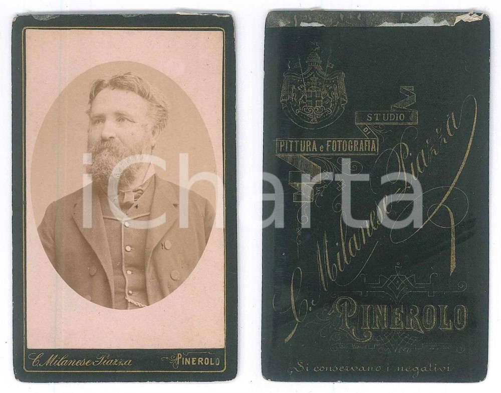 Fotografia d epoca originale 1880 ca PINEROLO Ritratto maschile  Busto Foto C. MILANESEPIAZZA CDV 1