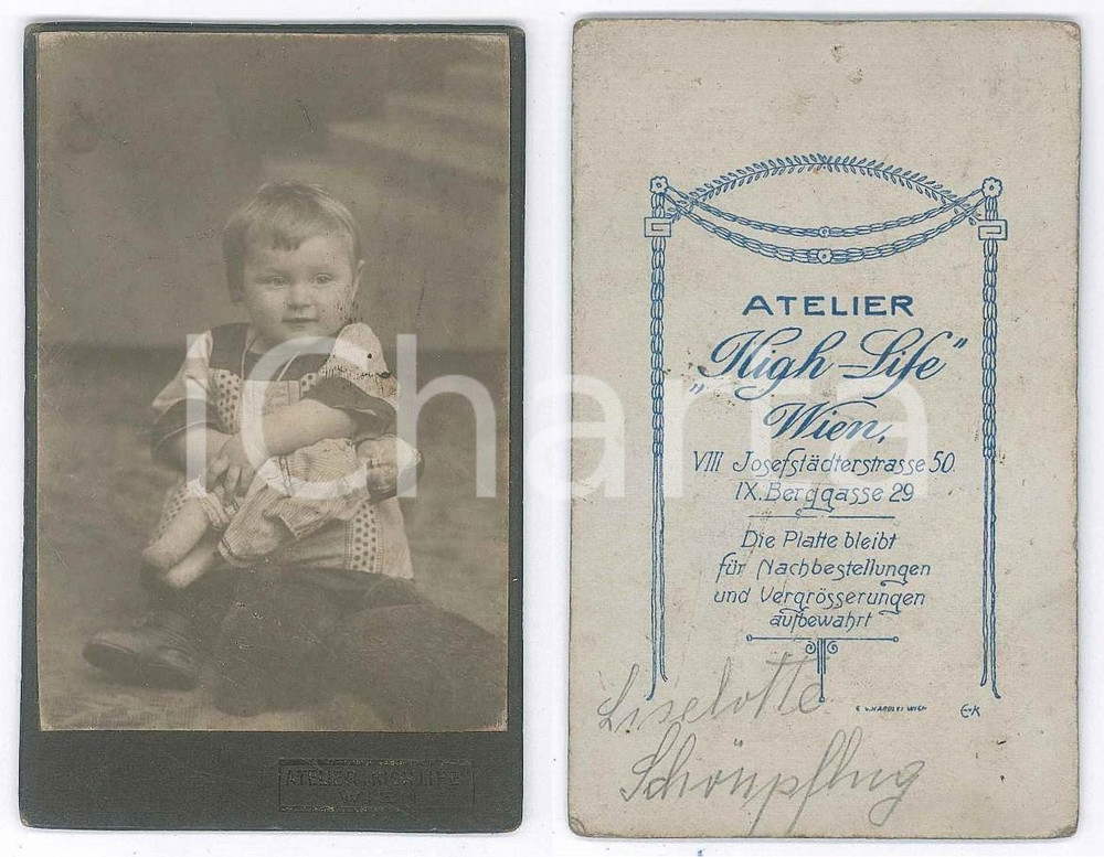 Fotografia d epoca originale 1910 ca WIEN Liselotte SCHONPFLUG bambina con la bambola Foto Atelier HIGHLIFE 1