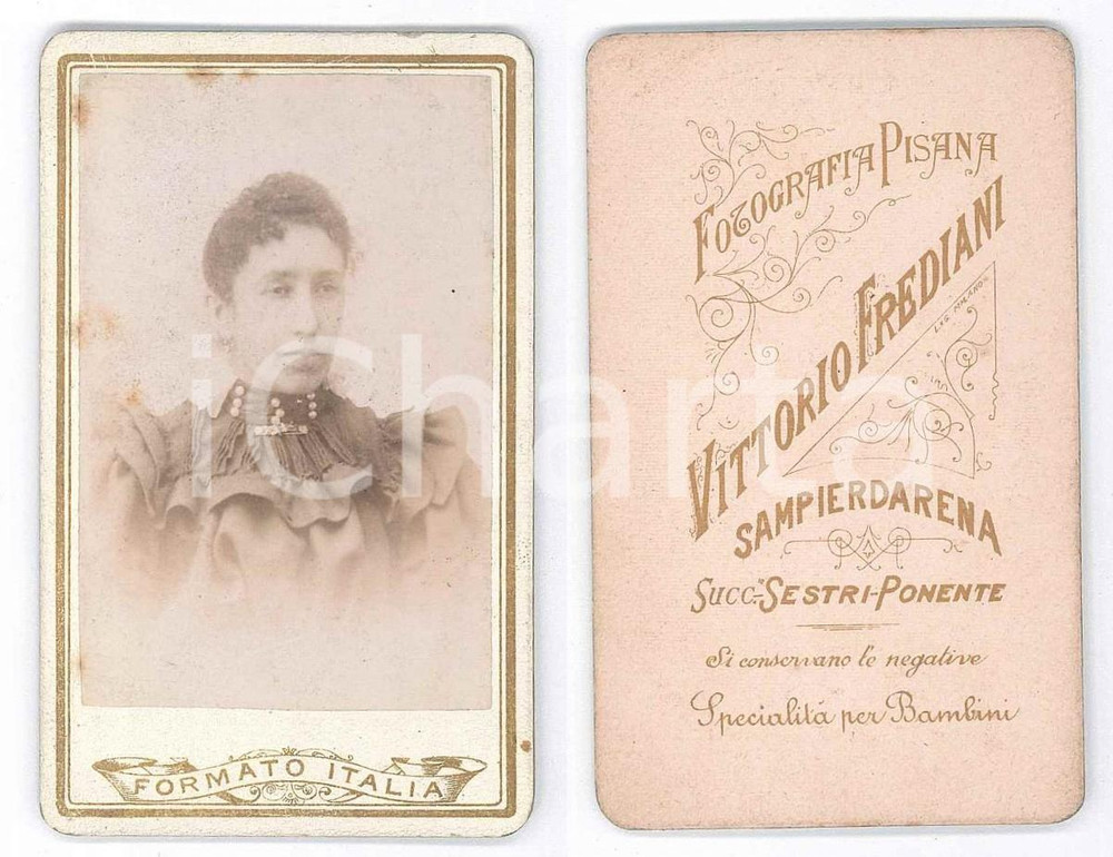 Fotografia d epoca originale 1900 ca GENOVA SAMPIERDARENA Ritratto di donna 2 Foto Vittorio FREDIANI 1