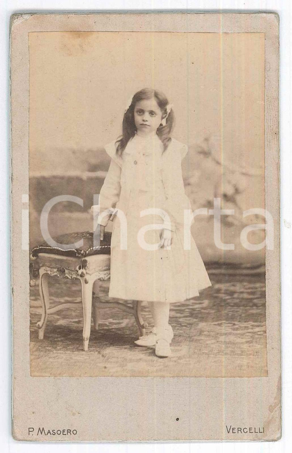 Fotografia d epoca originale 1900 ca VERCELLI Bambina nel giorno della Prima Comunione Foto P. MASOERO 8x12 1
