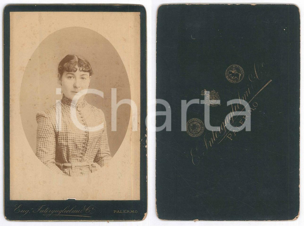 Fotografia d epoca originale 1880 ca PALERMO Giovane donna in abito a quadretti  Foto INTERGUGLIELMI 1