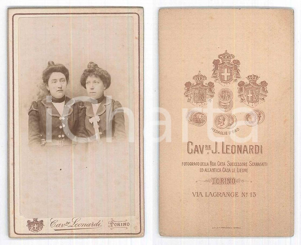 1900 ca TORINO Ritratto di due sorelle - Busto - Foto Cav. J. LEONARDI 5x9 cm