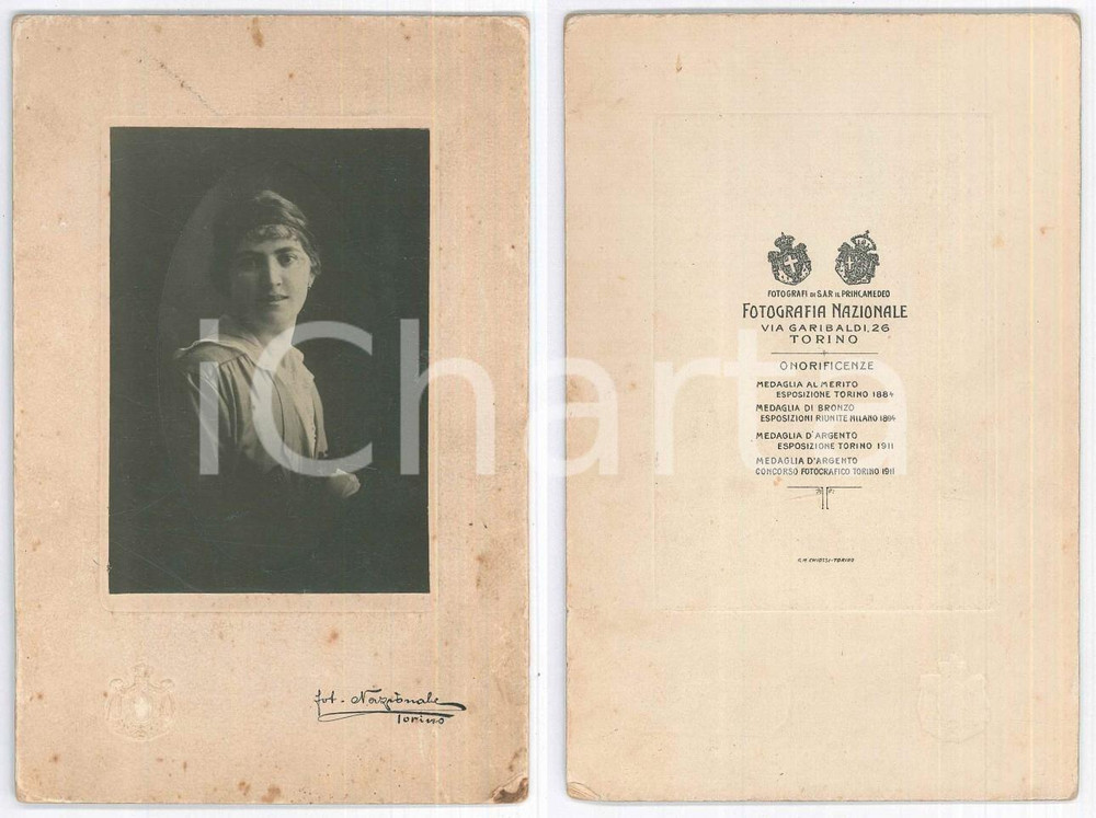 Fotografia d epoca originale 1910 ca TORINO Ritratto di giovane donna  Profilo Foto NAZIONALE 11x18 1