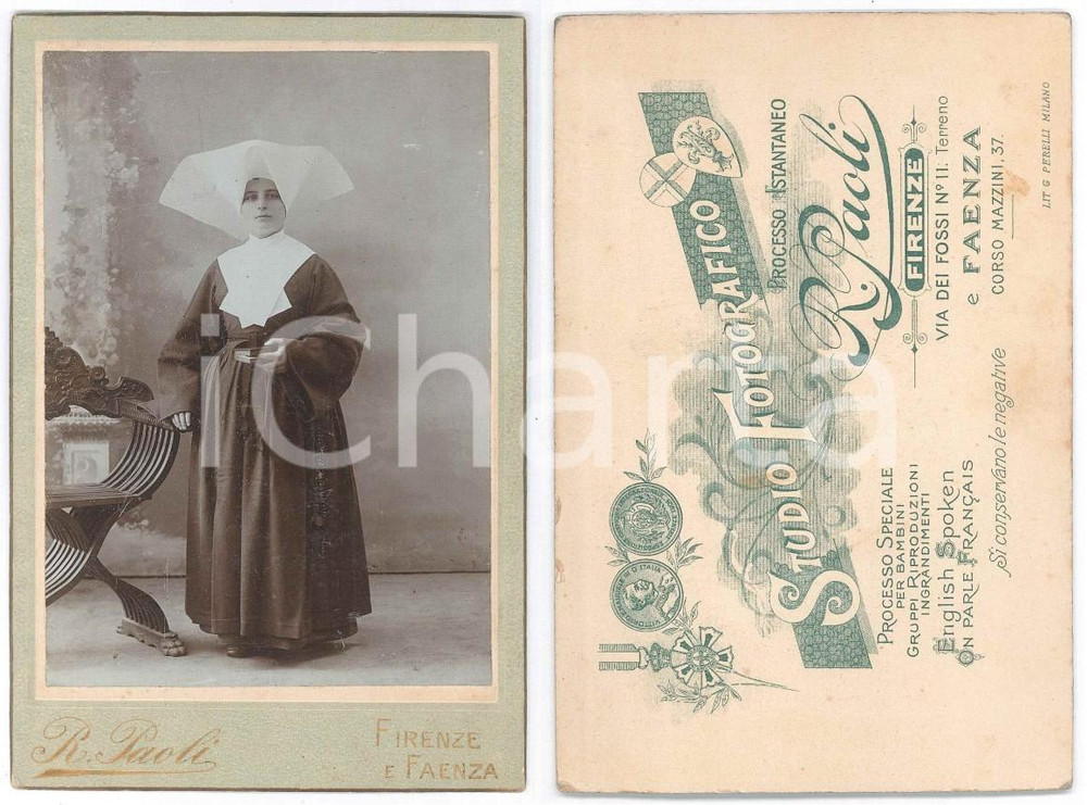 Fotografia d epoca originale 1905 ca COSTUME ITALIA Ritratto di suora con breviario  Foto R. PAOLI 1