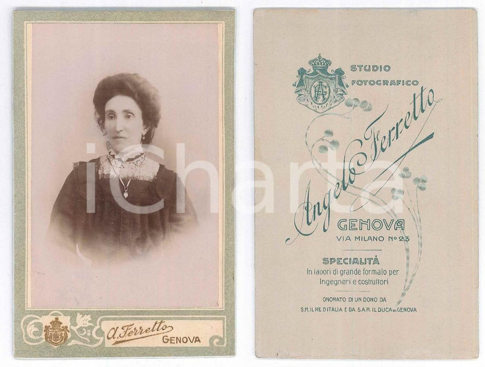 Fotografia d epoca originale 1900 ca GENOVA Ritratto di donna  Busto Foto Angelo FERRETTO 8x12 cm 1