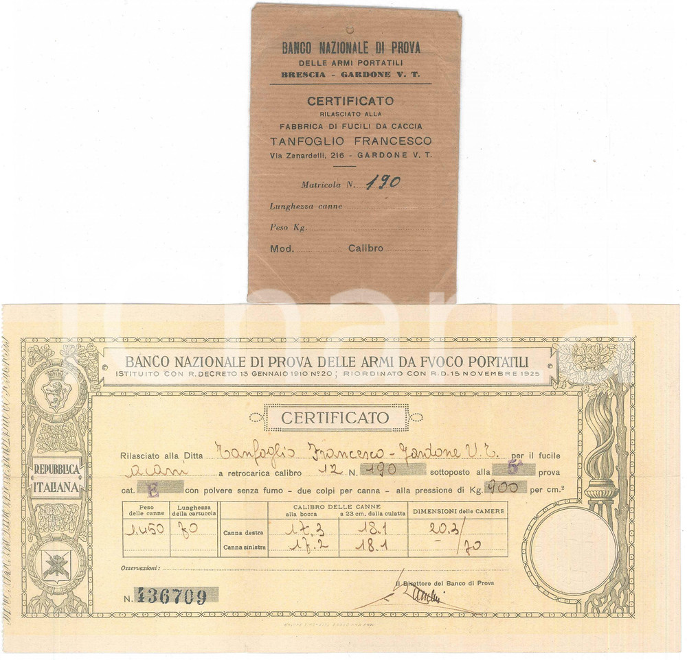 Documento originale, autentico 1950 ca GARDONE VAL TROMPIA Banco Prova ARMI DA FUOCO Ricevuta ditta TANFOGLIO 1
