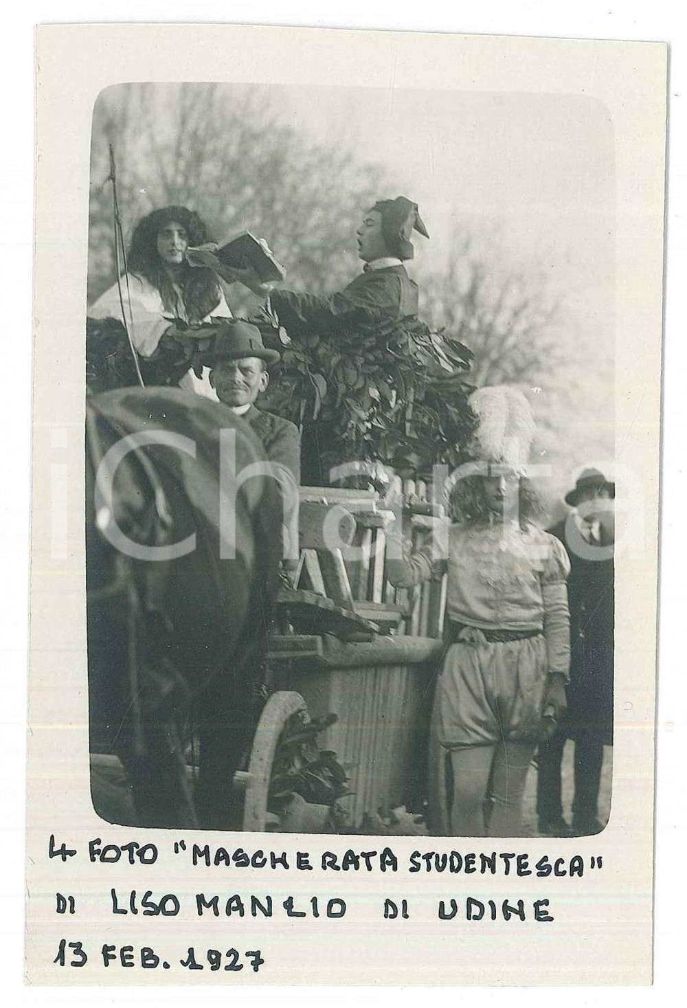 Fotografia d epoca originale Carnevale 1927 UDINE Mascherata studentesca  Carro Foto Manlio LISO 8x13 cm 1