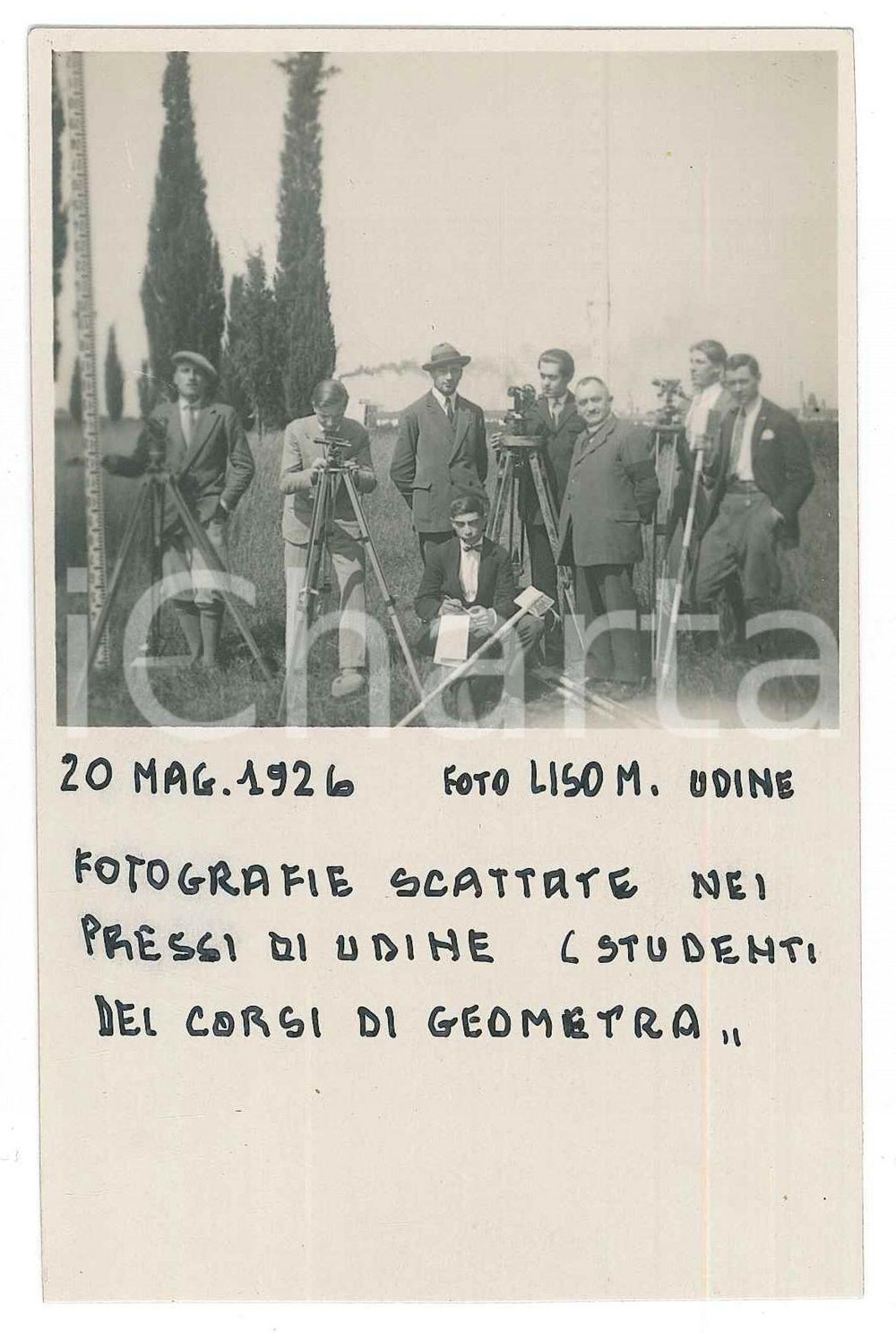 Fotografia d epoca originale 1926 Area di UDINE  Studenti del corso per geometri Foto Manlio LISO 8x13 1 1