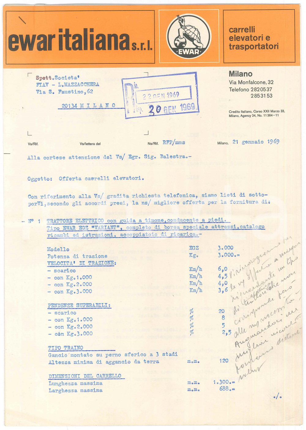 Materiale pubblicitario d’epoca 1969 MILANO  EWAR ITALIANA  Lettera e pieghevole carrello elettrico EGU 1