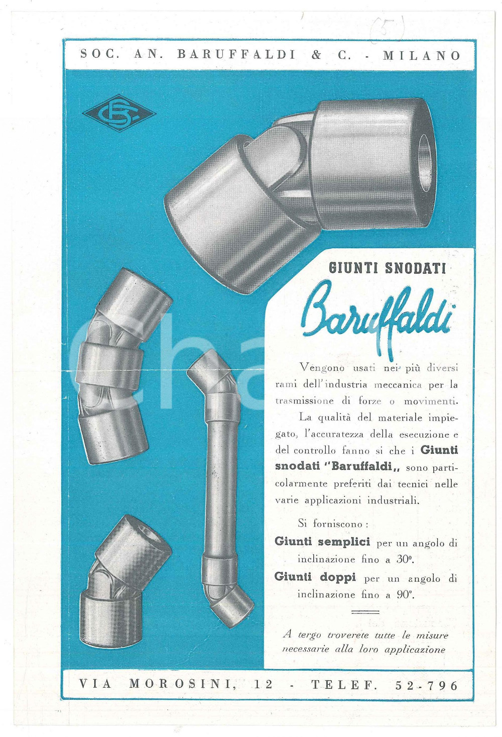 Materiale pubblicitario d’epoca 1950 ca MILANO Soc. An. BARUFFALDI via Morosini  Giunti snodati  Volantino 1