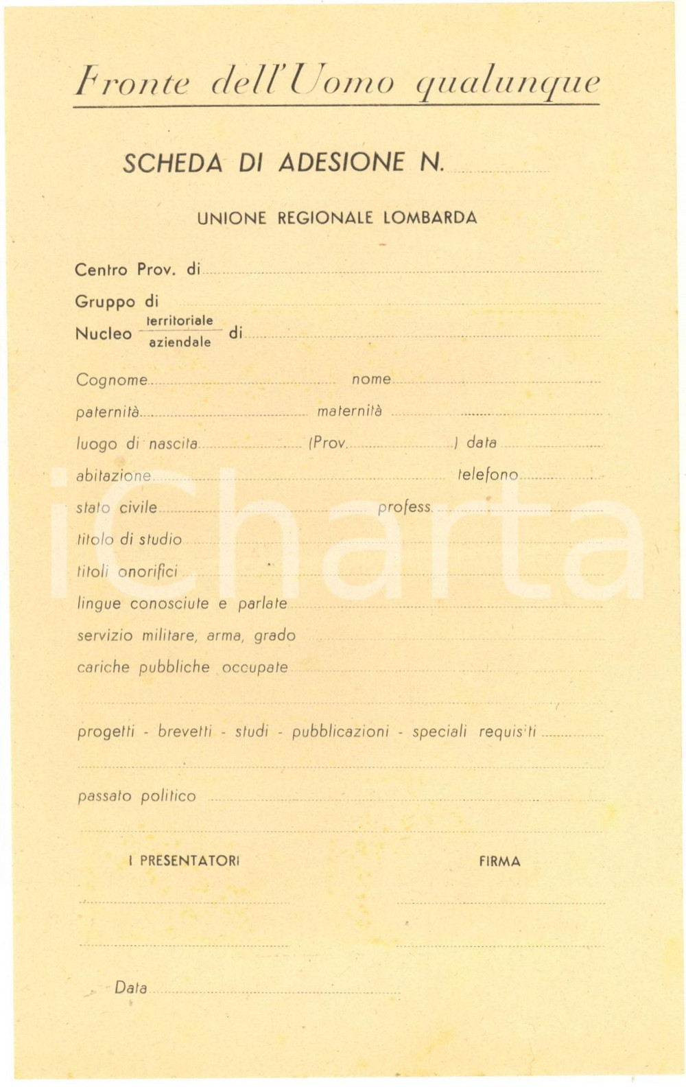 1950 ca FRONTE DELL'UOMO QUALUNQUE - Scheda adesione - Bolli PROPAGANDA